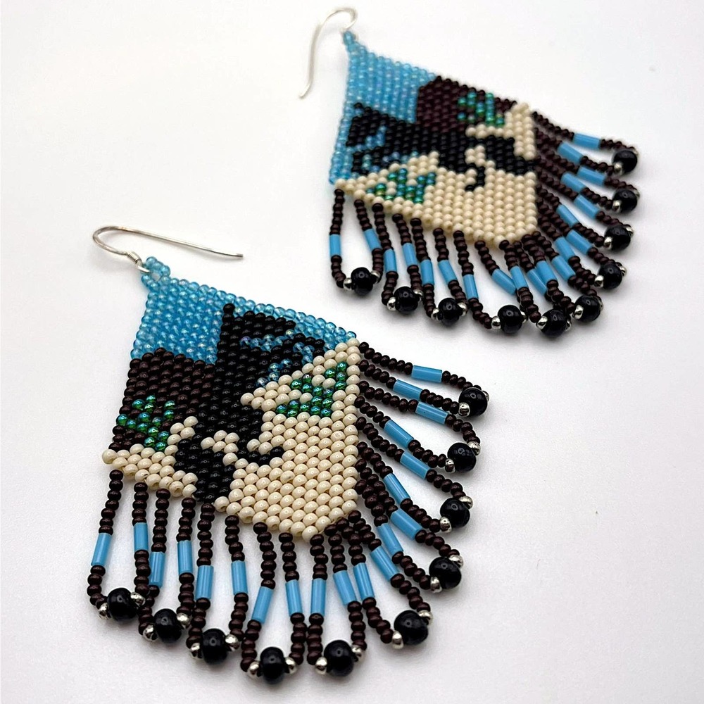 Southwestern Beaded Loop Dangle Earrings Rearing Horse Beadwork Seed Beads